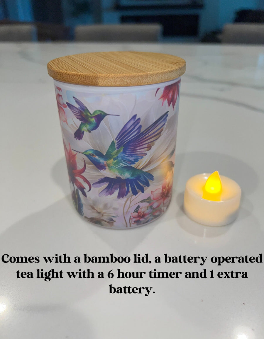 Hummingbirds Candle jar with tea light. Candle Jar- Votive Candle Holder,tea light holder, trinket jar-makeup brush holder-pencil holder