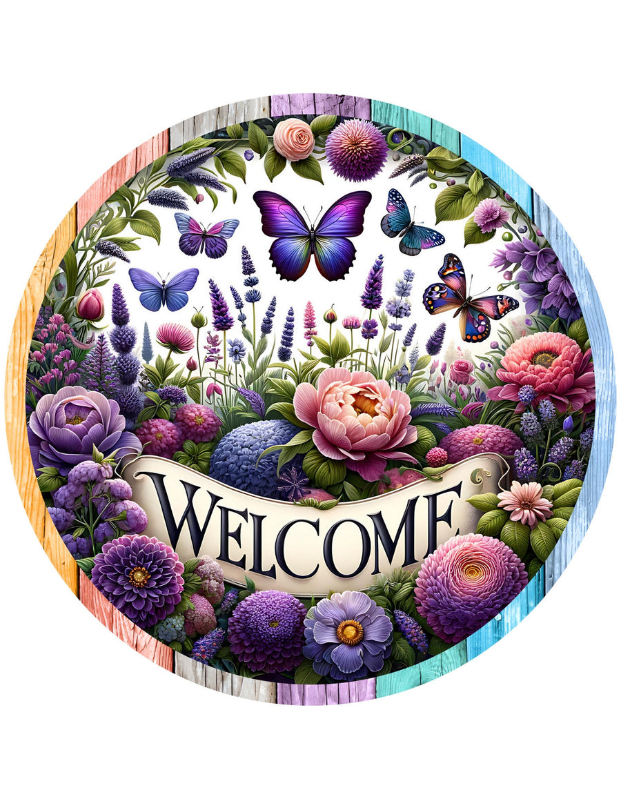 Welcome Purple Butterflies Wreath Sign, round wreath sign, Spring Summer Sign For Wreaths