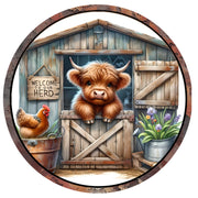 Welcome To Our Herd Highland Shaggy Cow Wreath Sign, round wreath sign, Sign for wreath, door hanger, door décor