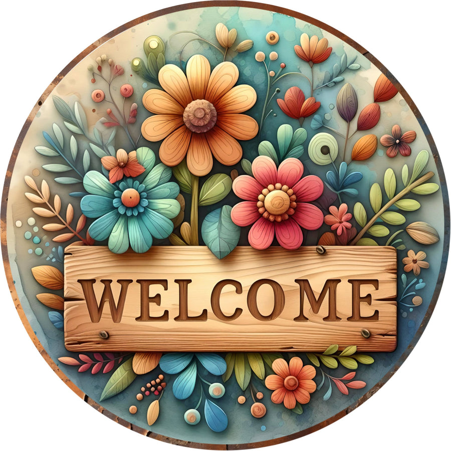 Welcome Floral Wreath Sign, round wreath sign, Sign for wreath, door hanger, door décor, Summer Sign Décor