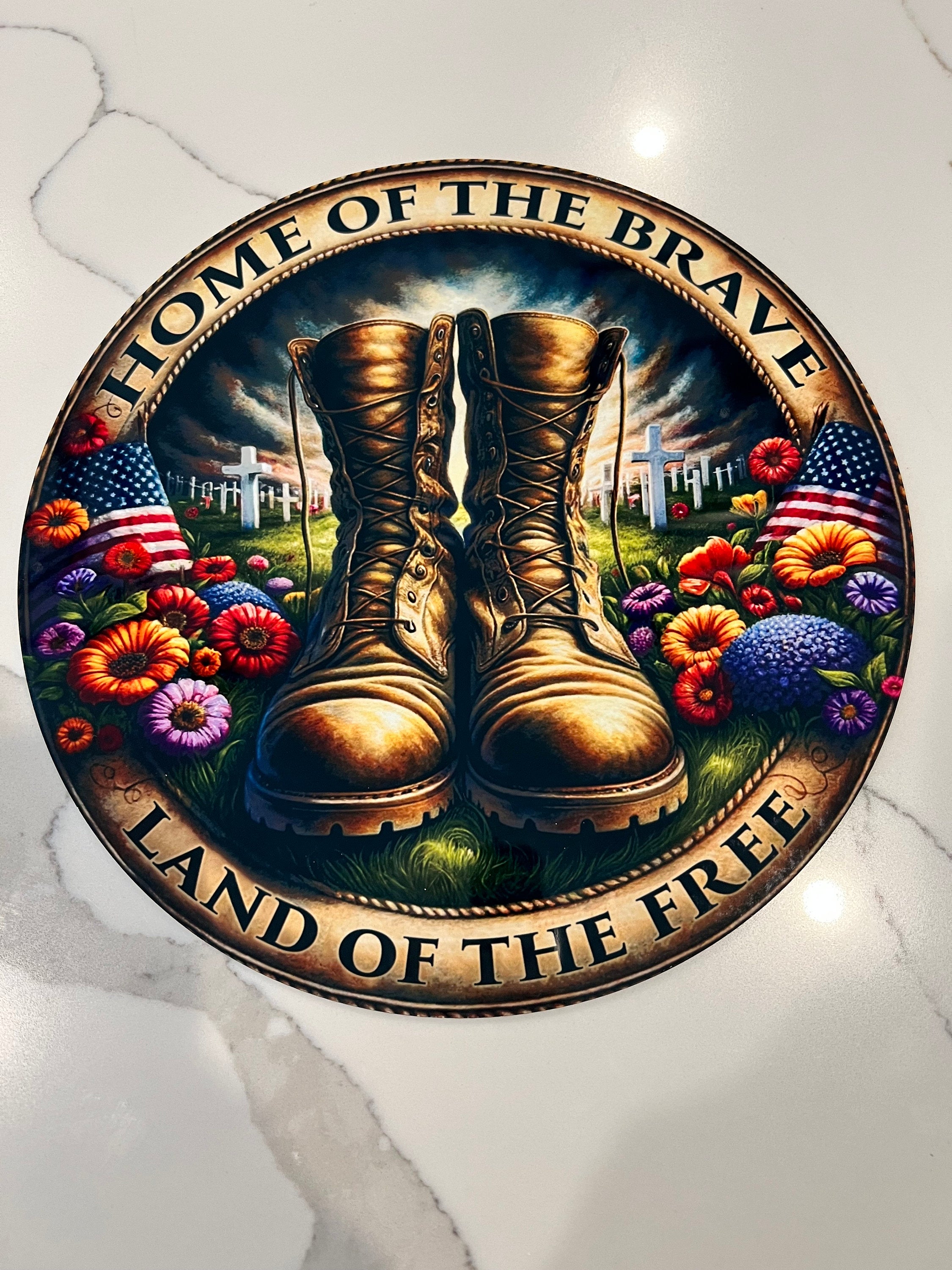 Home Of The Brave Wreath Sign, round wreath sign, Land Of The Free Soldiers Boots Patriotic Sign for wreaths