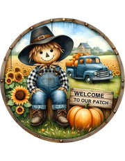 Welcome To Our Patch Scarecrow Pumpkin Wreath Sign, round wreath sign, Sign for wreath, Fall Wreath Attachment