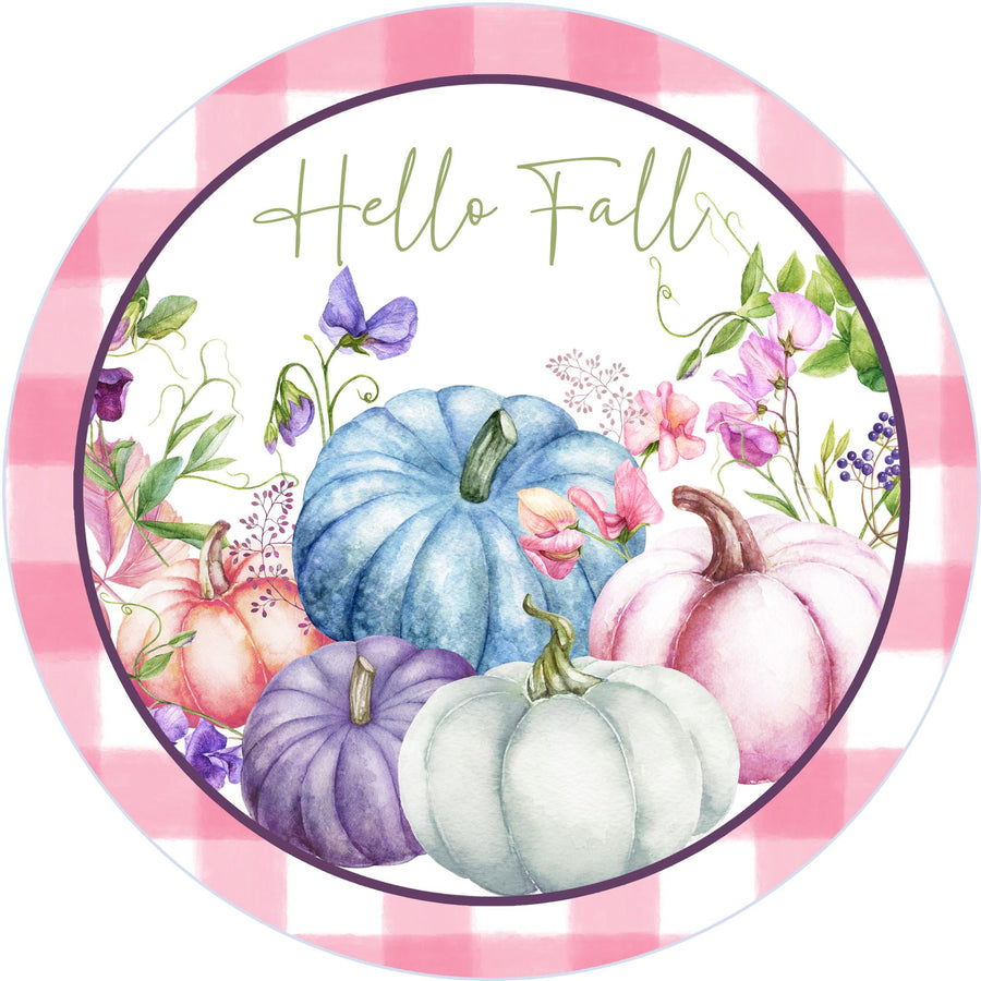 Hello Fall Pink Pumpkins Wreath Sign, round wreath sign, Sign for wreath, Fall Thanksgiving Wreath Attachment