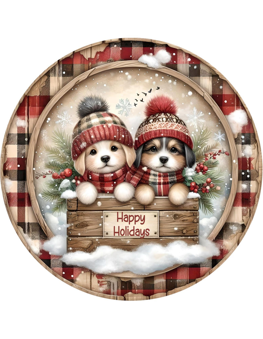 Happy Holidays Puppies Wreath Sign, round wreath sign, Sign for wreath, Christmas Holiday Winter Decor