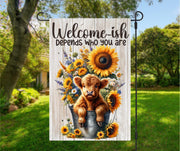 Highland Cow & Sunflower Welcome-ish Double Sided Garden/Yard Flag, Spring Yard decor, housewarming, summer decor, Welcome Flag for Yard