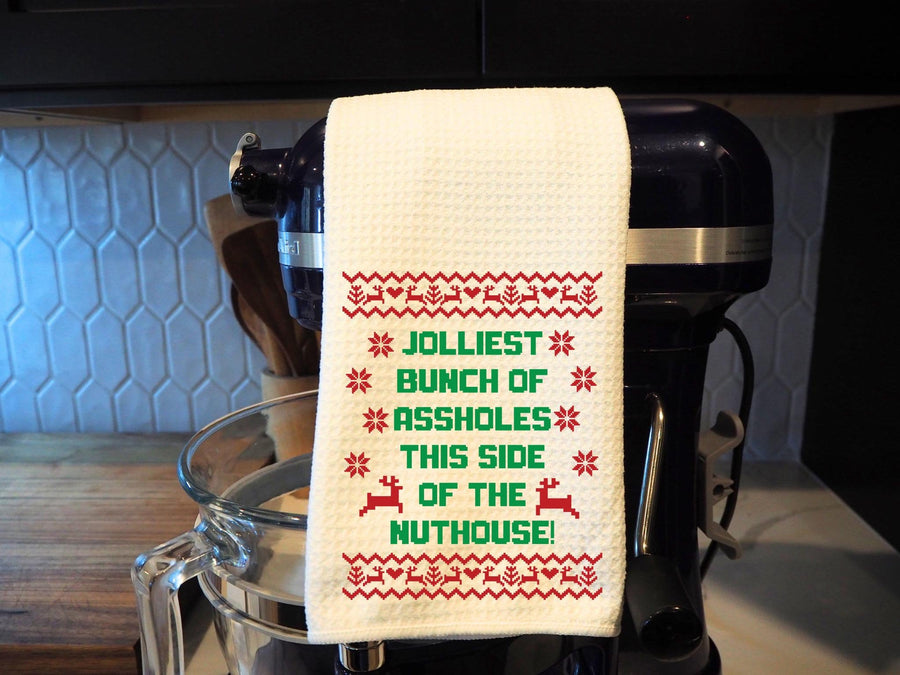 Jolliest Bunch of This Side Of The Nuthouse Dish Tea Hand Kitchen Towel, Kitchen Decor Gift- Funny Christmas towel-Housewarming Hostess Gift