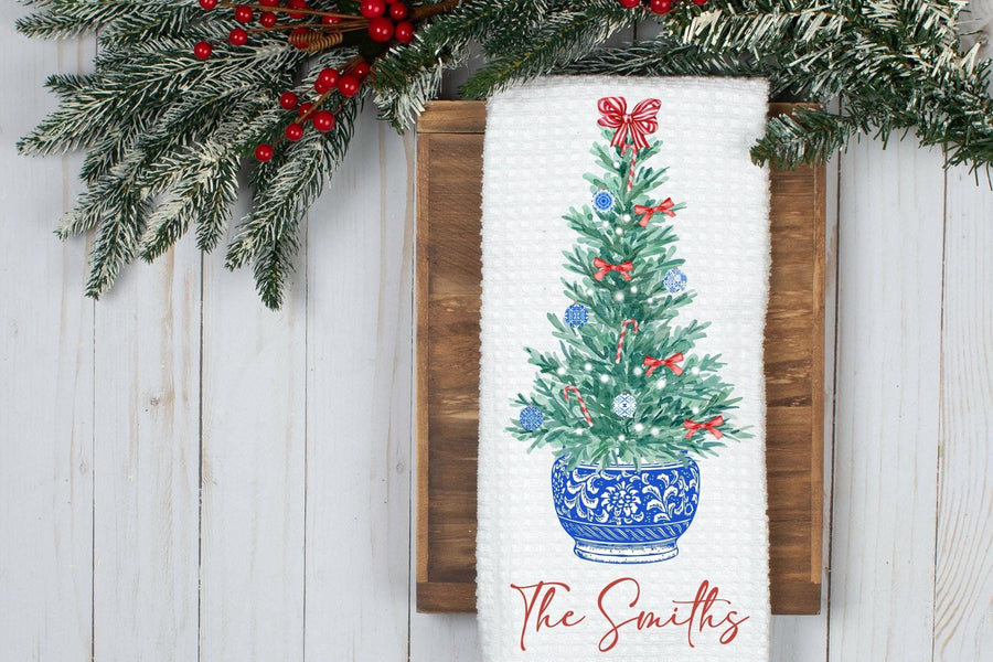 Personalized Chinoiserie Christmas Tree Dish Tea Hand Kitchen Towel, Woodland Christmas Kitchen Christmas Chinoiserie - Rustic Christmas