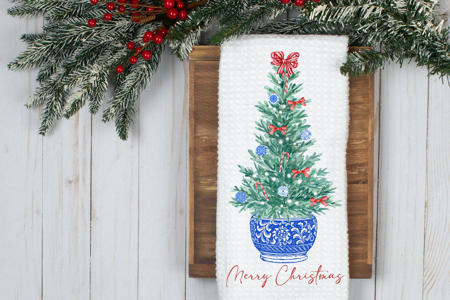 Personalized Chinoiserie Christmas Tree Dish Tea Hand Kitchen Towel, Woodland Christmas Kitchen Christmas Chinoiserie - Rustic Christmas