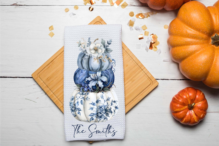 Custom Fall Blue Pumpkins Chinoiserie Dish Tea Hand Kitchen Towel, Kitchen Decor Gift- Pumpkin Floral Decorative, Fall Dish Towel Gift